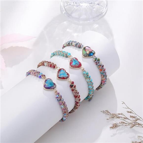 Jasper Heart Bracelet Adjustable Beaded Braided Handmade Jewelry Gift for Women - Picture 6 of 8